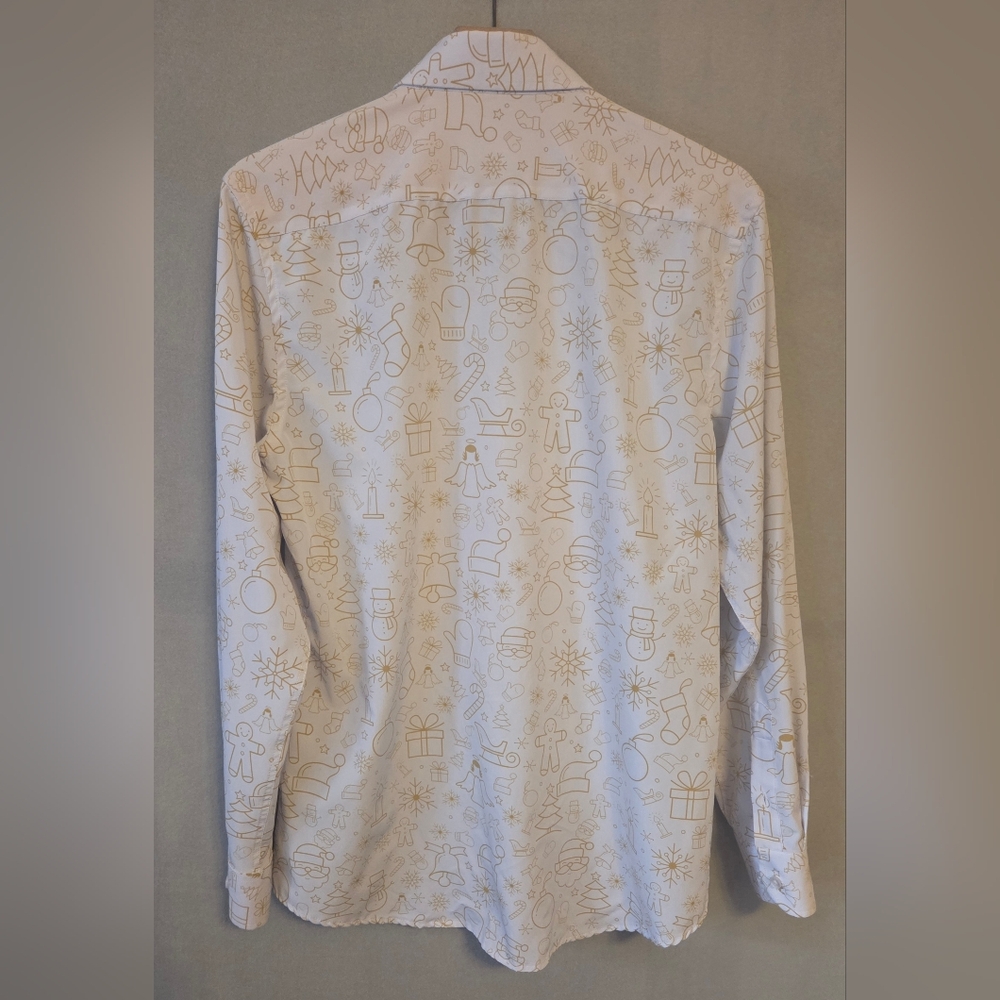 Tom Baine Mens White and Gold Holiday Patterned Button Up Shirt. Size L Slim - Picture 3 of 3